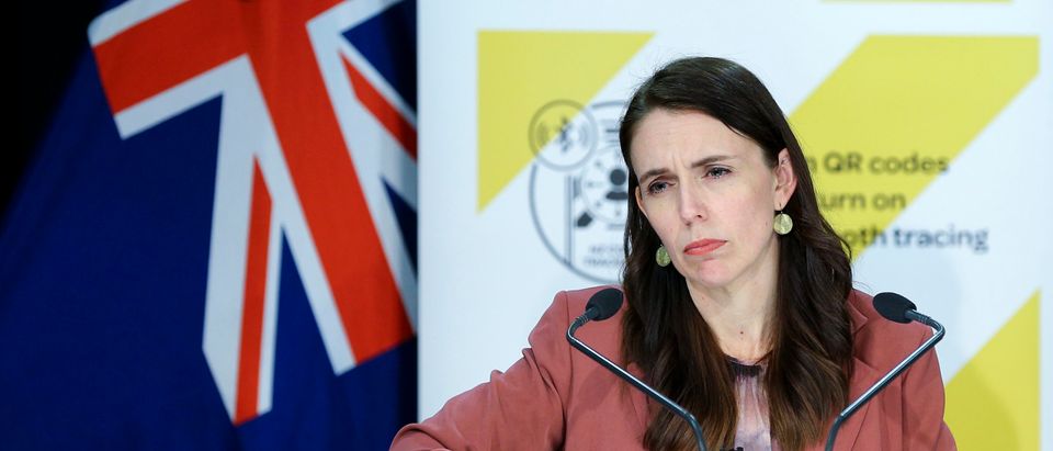 Prime Minister Jacinda Ardern looks on during a press conference at Parliament on August 17, 2021 in Wellington, New Zealand. (Photo by Hagen Hopkins/Getty Images)