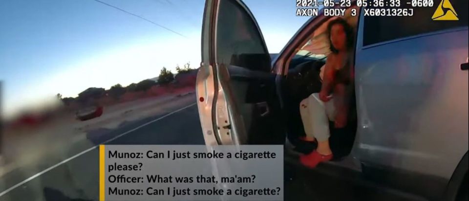 Jennifer Munoz asks for a cigarette after killing a mother of four while driving drunk. (Screenshot/YouTube/KRQE)