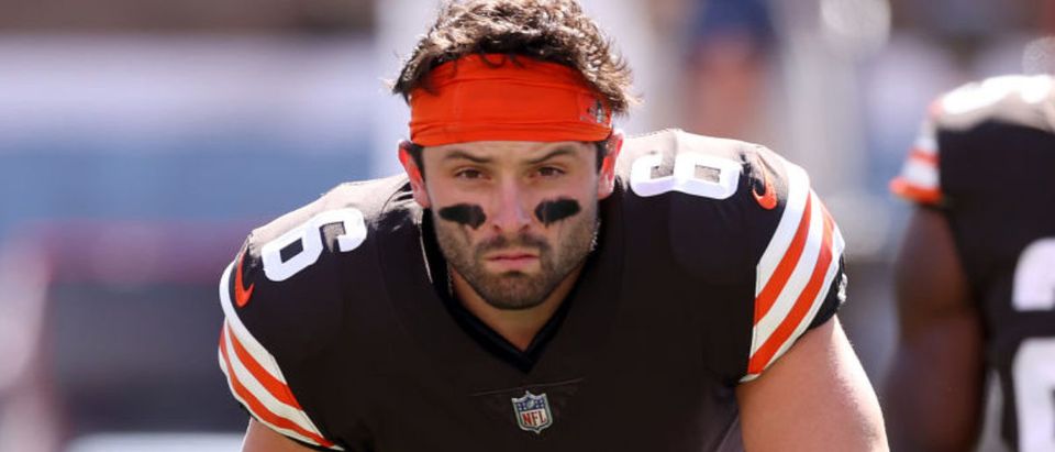 CLEVELAND, OHIO - SEPTEMBER 19: Quarterback Baker Mayfield #6 of the Cleveland Browns during pregame warm-ups before the game against the Houston Texans at FirstEnergy Stadium on September 19, 2021 in Cleveland, Ohio. (Photo by Gregory Shamus/Getty Images)