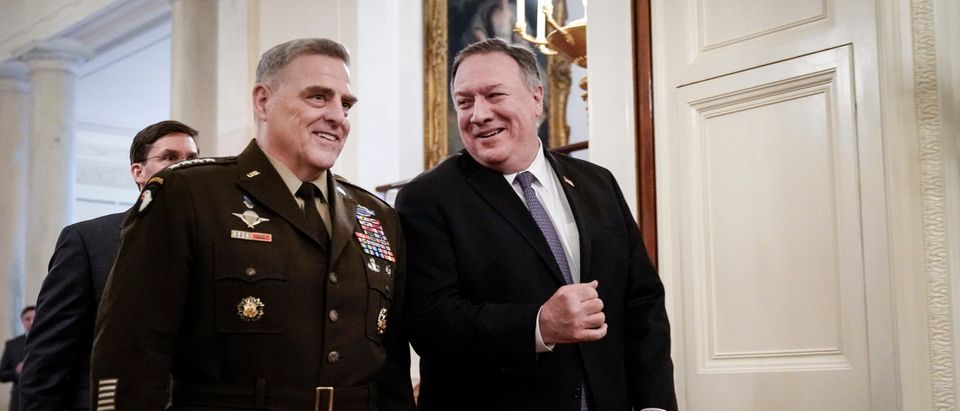 WASHINGTON, DC - MARCH 10: (L-R) Chairman of the Joint Chiefs of Staff Gen. Mark Milley and U.S. Secretary of State Mike Pompeo arrive for a Presidential Medal of Freedom ceremony for retired four-star Army general Jack Keane in the East Room of the White House March 10, 2020 in Washington, DC. Gen. Keane currently works as an analyst on Fox News. (Photo by Drew Angerer/Getty Images)