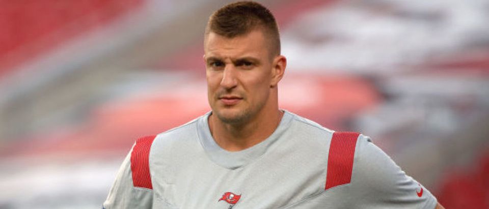 TAMPA, FLORIDA - SEPTEMBER 09: Rob Gronkowski #87 of the Tampa Bay Buccaneers looks on before the game against the Dallas Cowboys at Raymond James Stadium on September 09, 2021 in Tampa, Florida. (Photo by Mike Ehrmann/Getty Images)