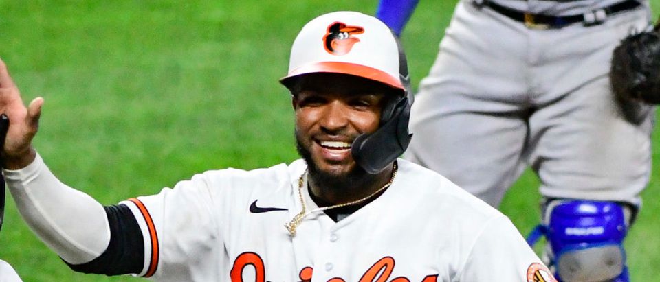 Sep 8, 2021; Baltimore, Maryland, USA; Baltimore Orioles third baseman Kelvin Gutierrez (82) celebrates after scoring in the eighth inning against the Kansas City Royals at Oriole Park at Camden Yards. Mandatory Credit: Tommy Gilligan-USA TODAY Sports via Reuters