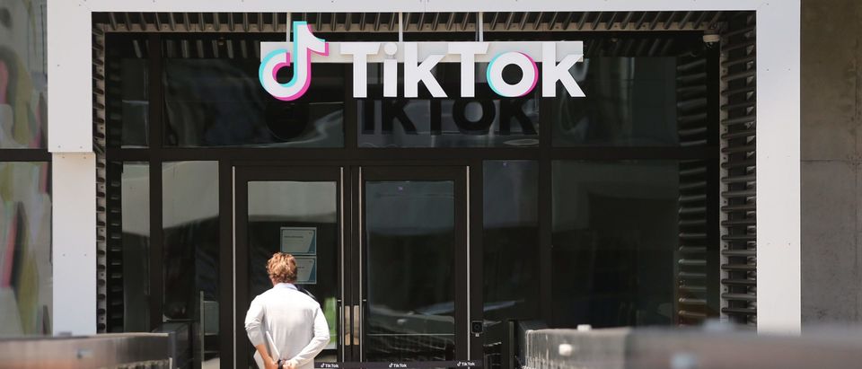 The TikTok logo is displayed in front of a TikTok office on August 27, 2020 in Culver City, California. (Photo by Mario Tama/Getty Images)