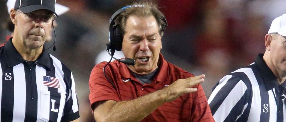 Oct 9, 2021; College Station, Texas, USA; Alabama Head Coach Nick Saban disputes a call by an official during Alabama's game with Texas A&amp;M at Kyle Field. Texas A&amp;M defeated Alabama 41-38 on a field goal as time expired. Mandatory Credit: Gary Cosby Jr.-USA TODAY Sports via Reuters
