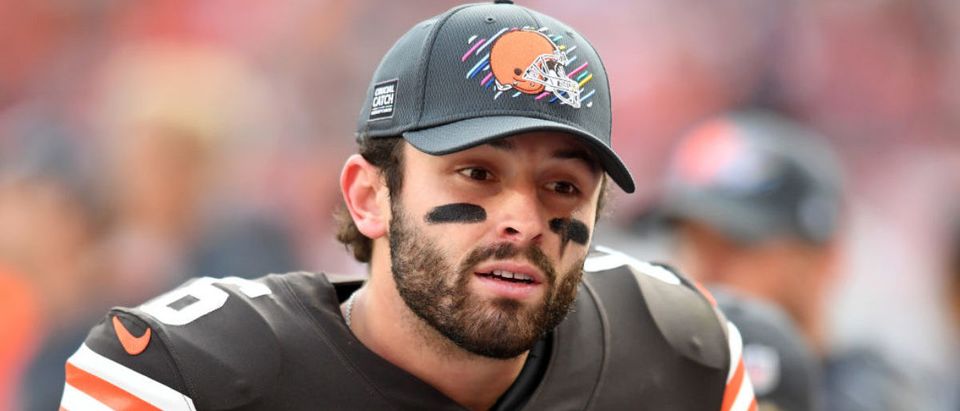 CLEVELAND, OHIO - OCTOBER 17: Baker Mayfield #6 of the Cleveland Browns talks to teammates on the sideline during the second quarter against the Arizona Cardinals at FirstEnergy Stadium on October 17, 2021 in Cleveland, Ohio. (Photo by Nick Cammett/Getty Images)