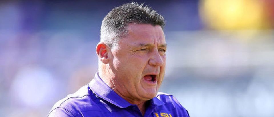 BATON ROUGE, LOUISIANA - OCTOBER 16: Head coach Ed Orgeron of the LSU Tigers reacts before a game against the Florida Gators at Tiger Stadium on October 16, 2021 in Baton Rouge, Louisiana. (Photo by Jonathan Bachman/Getty Images)