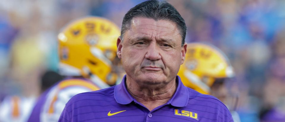 Sep 11, 2021; Baton Rouge, Louisiana, USA; LSU Tigers head coach Ed Orgeron looks on during the first half against McNeese State Cowboys at Tiger Stadium. Mandatory Credit: Stephen Lew-USA TODAY Sports via Reuters