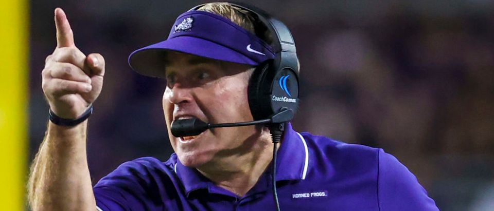 Oct 23, 2021; Fort Worth, Texas, USA; TCU Horned Frogs head coach Gary Patterson reacts during the first half against the West Virginia Mountaineers at Amon G. Carter Stadium. Mandatory Credit: Kevin Jairaj-USA TODAY Sports via Reuters