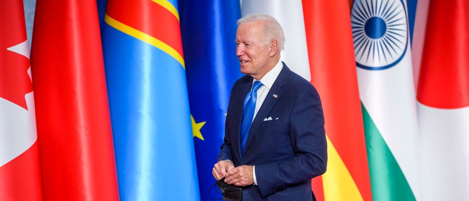 ROME, ITALY - OCTOBER 30: U.S. President Joe Biden arrives for the welcome ceremony on the first day of the Rome G20 summit, on October 30, 2021 in Rome, Italy. The G20 (or Group of Twenty) is an intergovernmental forum comprising 19 countries plus the European Union. It was founded in 1999 in response to several world economic crises. Italy currently holds the Presidency of the G20 and this year's summit will focus on three broad, interconnected pillars of action: People, Planet, Prosperity. (Photo by Antonio Masiello/Getty Images)