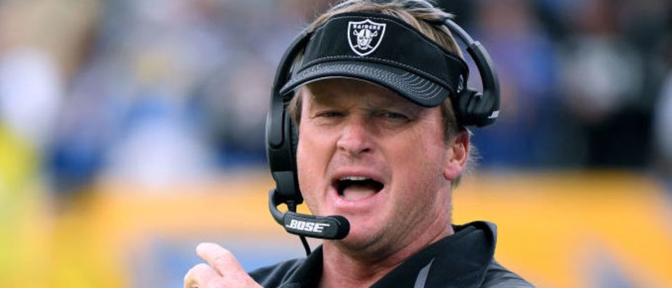 CARSON, CALIFORNIA - DECEMBER 22: Head coach Jon Gruden of the Oakland Raiders reacts during a 24-17 win over the Los Angeles Chargers at Dignity Health Sports Park on December 22, 2019 in Carson, California. (Photo by Harry How/Getty Images)