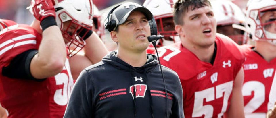 MADISON, WISCONSIN - OCTOBER 02: Wisconsin defensive coach Jim Leonhard looks on in the fourth quarter against the Michigan Wolverines at Camp Randall Stadium on October 02, 2021 in Madison, Wisconsin. (Photo by John Fisher/Getty Images)