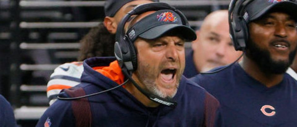 LAS VEGAS, NEVADA - OCTOBER 10: Head coach Matt Nagy of the Chicago Bears reacts during the second half against the Las Vegas Raiders at Allegiant Stadium on October 10, 2021 in Las Vegas, Nevada. (Photo by Ethan Miller/Getty Images)