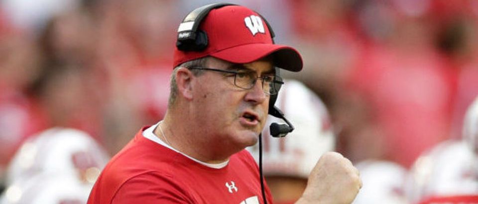 MADISON, WISCONSIN - SEPTEMBER 11: Wisconsin Badgers head coach Paul Chryst reacts after a touchdown in the first half against the Eastern Michigan Eagles at Camp Randall Stadium on September 11, 2021 in Madison, Wisconsin. (Photo by John Fisher/Getty Images)