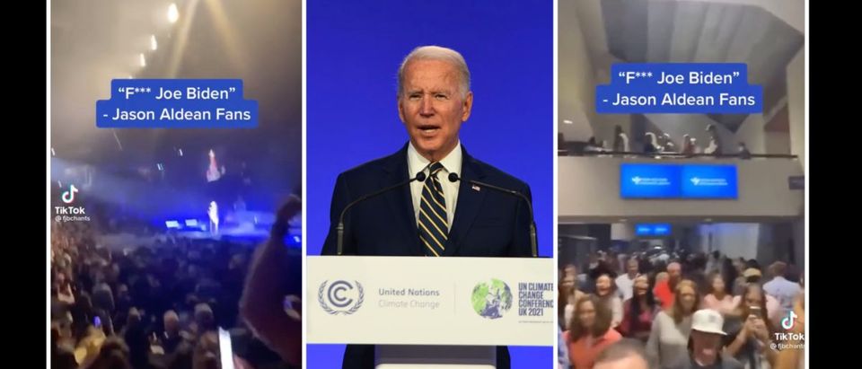 Joe Biden Chants (Credit: Screenshot/Twitter Video https://twitter.com/BeachyKeenBabe/status/1454657862303551490 and Photo by Andy Buchanan - Pool/Getty Images)
