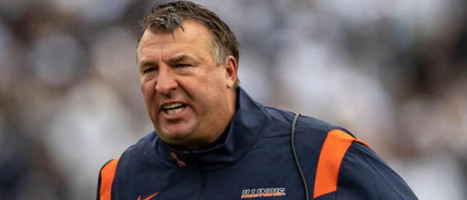 STATE COLLEGE, PA - OCTOBER 23: Head coach Bret Bielema of the Illinois Fighting Illini reacts to a play against the Penn State Nittany Lions during the first half at Beaver Stadium on October 23, 2021 in State College, Pennsylvania. (Photo by Scott Taetsch/Getty Images)