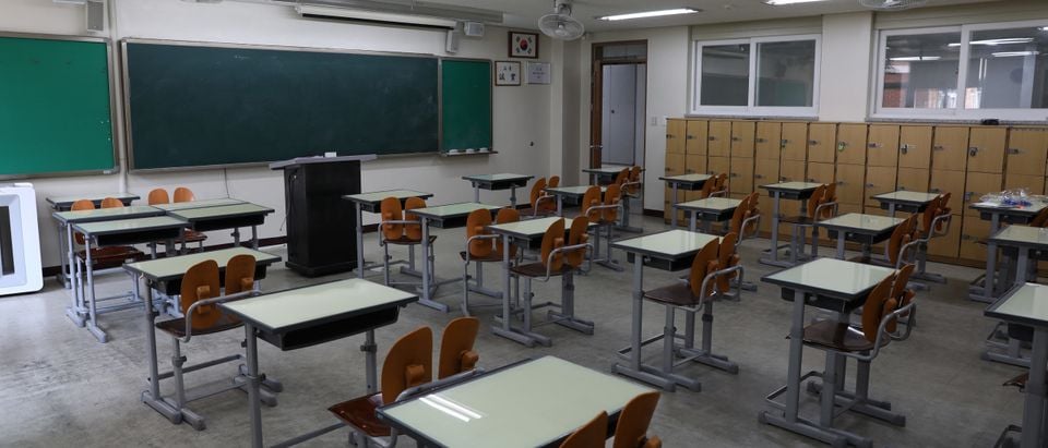 An empty classroom is seen ahead of school re-opening on May 11, 2020 in Seoul, South Korea. (Photo by Chung Sung-Jun/Getty Images)