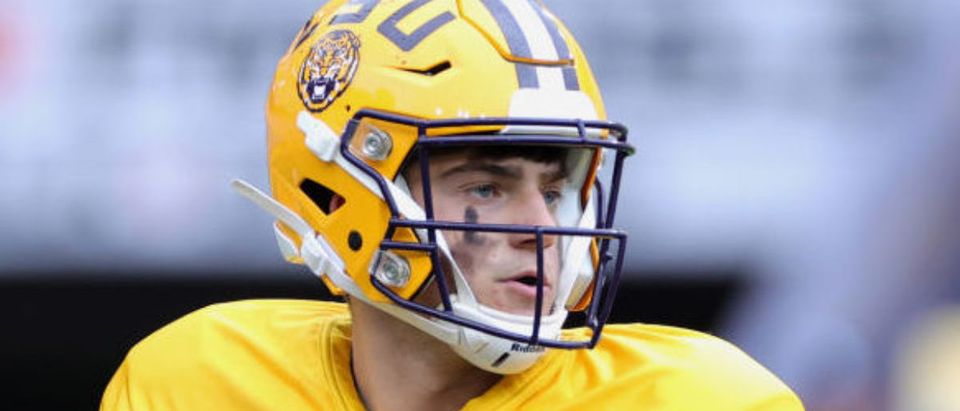 BATON ROUGE, LOUISIANA - APRIL 17: Garrett Nussmeier #5 of the LSU Tigers in action during the spring game at Tiger Stadium on April 17, 2021 in Baton Rouge, Louisiana. (Photo by Carmen Mandato/Getty Images)