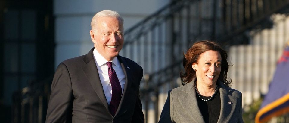 US President Joe Biden (L) and US Vice President Kamala Harris arrive during a signing ceremony for H.R. 3684, the Infrastructure Investment and Jobs Act on the South Lawn of the White House in Washington, DC on November 15, 2021. (Photo by MANDEL NGAN / AFP) (Photo by MANDEL NGAN/AFP via Getty Images)