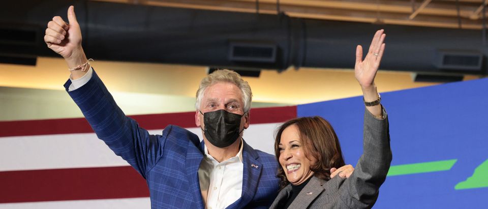 NORFOLK, VIRGINIA - OCTOBER 29: U.S. Vice President Kamala Harris campaigns with Democratic gubernatorial candidate, former Virginia Gov. Terry McAuliffe during a campaign event featuring singer Pharrell Williams October 29, 2021 in Norfolk, Virginia. The Virginia gubernatorial election, pitting McAuliffe against Republican candidate Glenn Youngkin, is November 2. (Photo by Win McNamee/Getty Images)