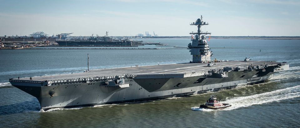 NEWPORT NEWS, VA - APRIL 8: In this handout photo provided by the U.S. Navy, the future USS Gerald R. Ford (CVN 78) is seen underway on its own power for the first time on April 8, 2017 in Newport News, Virginia. The first-of-class ship -- the first new U.S. aircraft carrier design in 40 years -- will spend several days conducting builder's sea trials, a comprehensive test of many of the ship's key systems and technologies. (Photo by Mass Communication Specialist 2nd Class Ridge Leoni/U.S. Navy via Getty Images)