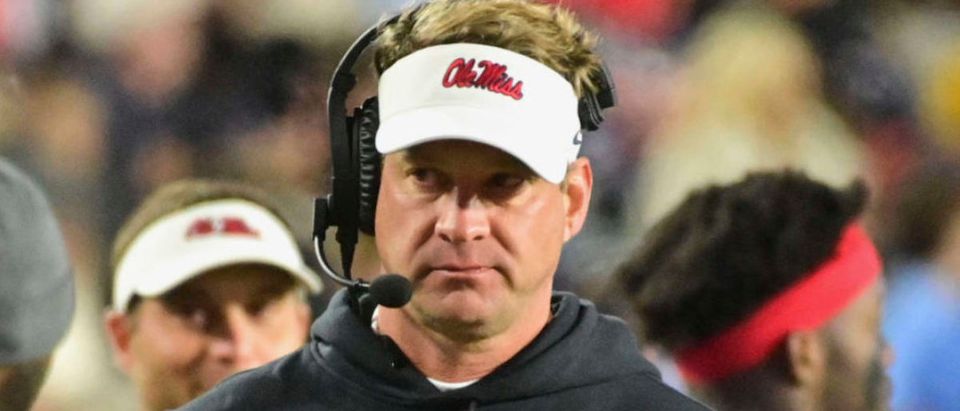 Nov 13, 2021; Oxford, Mississippi, USA; Mississippi Rebels head coach Lane Kiffin walks down the sideline during the second quarter against the Texas A&amp;M Aggies at Vaught-Hemingway Stadium. Mandatory Credit: Matt Bush-USA TODAY Sports via Reuters