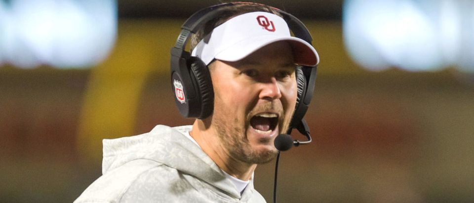 Nov 27, 2021; Stillwater, Oklahoma, USA; Oklahoma Sooners head coach Lincoln Riley yells towards an official during the fourth quarter against the Oklahoma State Cowboys at Boone Pickens Stadium. Oklahoma State won 37-33. Mandatory Credit: Brett Rojo-USA TODAY Sports via Reuters