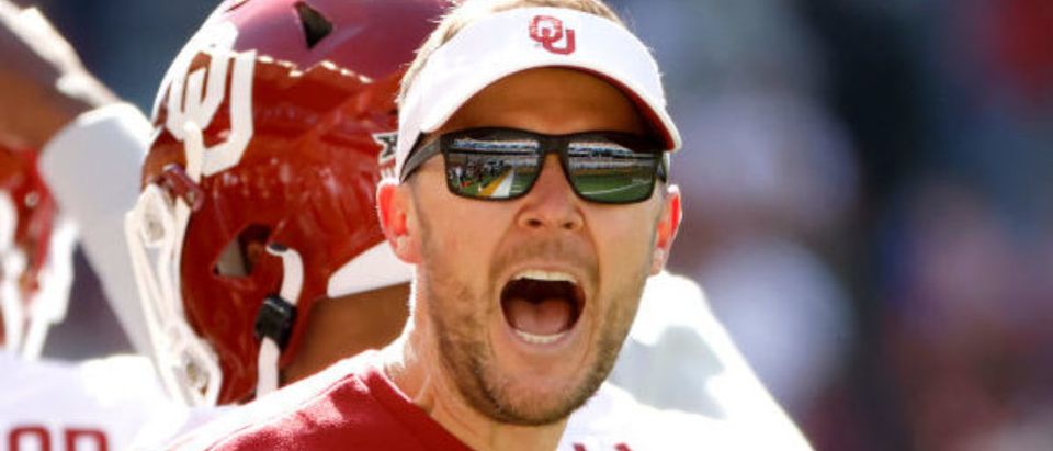 WACO, TX - NOVEMBER 13: Head coach Lincoln Riley of the Oklahoma Sooners reacts after the Sooners scored a touchdown against the Baylor Bears in the first half at McLane Stadium on November 13, 2021 in Waco, Texas. (Photo by Ron Jenkins/Getty Images)