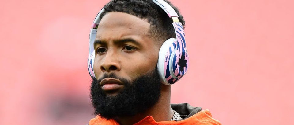 CLEVELAND, OHIO - OCTOBER 17: Odell Beckham Jr. #13 of the Cleveland Browns looks on during warm ups prior to the game against the Arizona Cardinals at FirstEnergy Stadium on October 17, 2021 in Cleveland, Ohio. (Photo by Emilee Chinn/Getty Images)