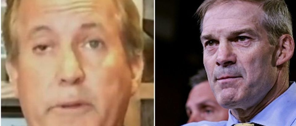 Photo Collage-- On Right: Screen Shot:Twitter:@newsmax:Ken Paxton -- On Left: Photo by Anna Moneymaker:Getty Images