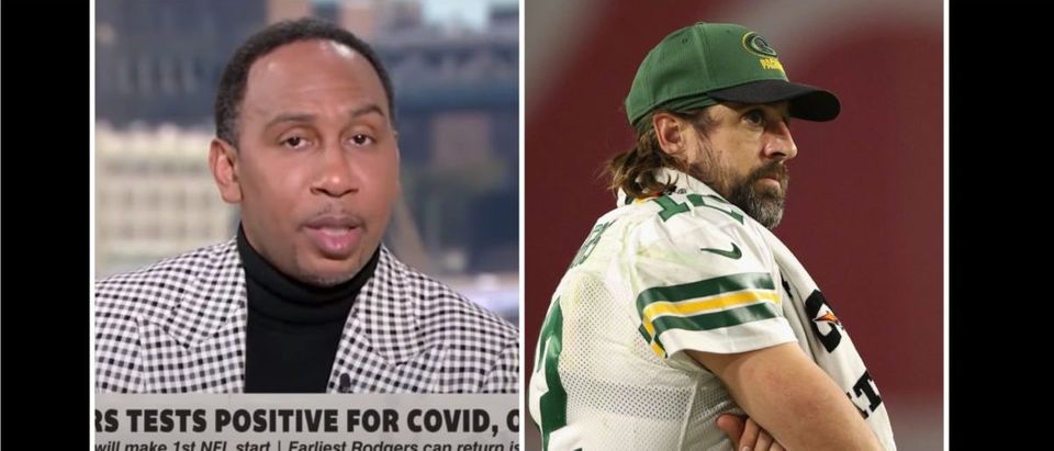 Aaron Rodgers, Stephen A. Smith (Credit: Screenshot/YouTube https://www.youtube.com/watch?v=IAx5EN3UPe8 and Christian Petersen/Getty Images)