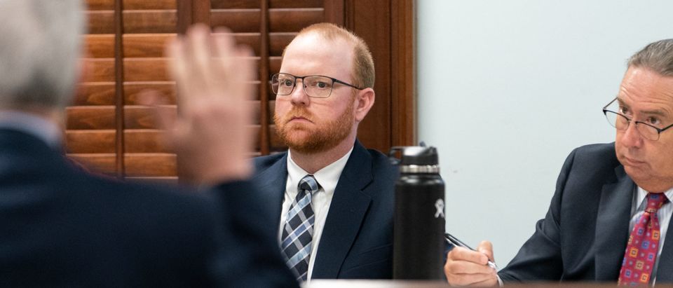 Defendant Travis McMichael attends jury selection in the trial of the men charged with killing Ahmaud Arbery at the Glynn County Superior Court on October 26, 2021 in Brunswick, Georgia. (Photo by Elijah Nouvelage/Getty Images)