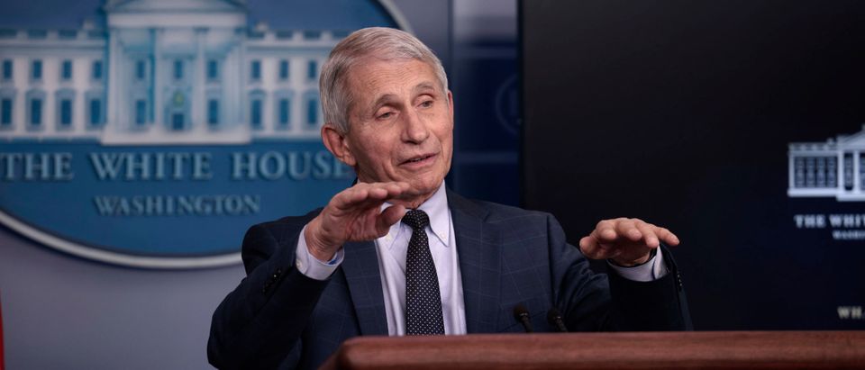 WASHINGTON, DC - DECEMBER 01: Dr. Anthony Fauci, Director of the National Institute of Allergy and Infectious Diseases and the Chief Medical Advisor to the President, gestures as he answers a question from a reporter after giving an update on the Omicron COVID-19 variant during the daily press briefing at the White House on December 01, 2021 in Washington, DC. The first case of the omicron variant in the United States has been confirmed today in California. (Photo by Anna Moneymaker/Getty Images)