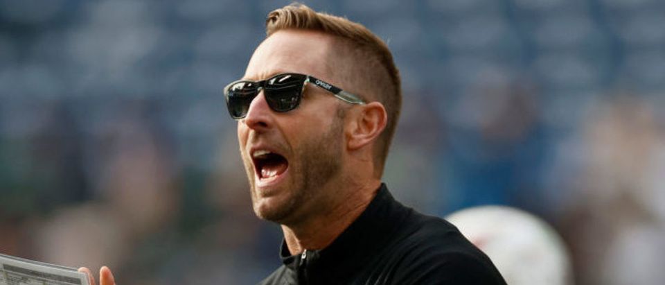 SEATTLE, WASHINGTON - NOVEMBER 21: Head coach Kliff Kingsbury of the Arizona Cardinals on the field before the game against the Seattle Seahawks at Lumen Field on November 21, 2021 in Seattle, Washington. (Photo by Steph Chambers/Getty Images)