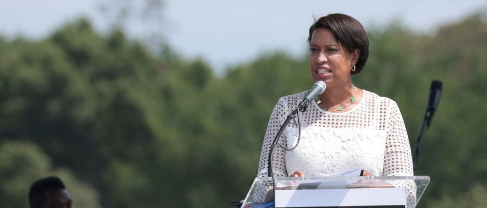DC Mayor Muriel Bowser gives remarks during the “March On for Washington and Voting Rights” on the National Mall on August 28, 2021 in Washington, DC. The event was organized to honor the 58th anniversary of the March On Washington and Martin Luther King Jr.’s “I Have a Dream” speech and also urge the Senate to pass voting rights legislation. (Photo by Anna Moneymaker/Getty Images)