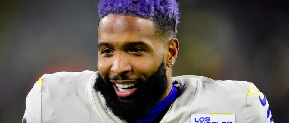 GREEN BAY, WISCONSIN - NOVEMBER 28: Odell Beckham Jr. #3 of the Los Angeles Rams reacts after Los Angeles was defeated by the Green Bay Packers 36-28 at Lambeau Field on November 28, 2021 in Green Bay, Wisconsin. (Photo by Patrick McDermott/Getty Images)