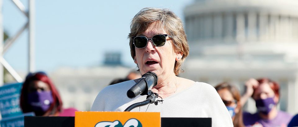 Randi Weingarten, president of the American Federation of Teachers, along with members of Congress, parents and caregiving advocates hold a press conference supporting Build Back Better investments in home care, childcare, paid leave and expanded CTC payments in front of the U.S. Capitol Building on October 21, 2021 in Washington, DC. (Photo by Paul Morigi/Getty Images for MomsRising Together)