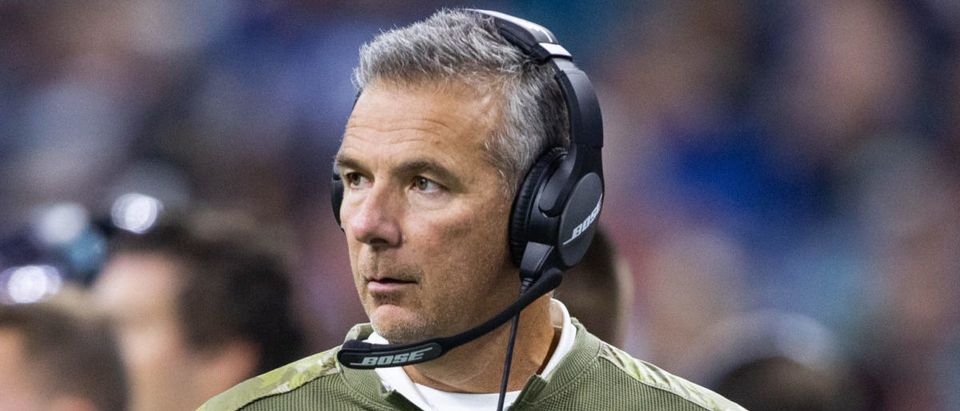 Nov 14, 2021; Indianapolis, Indiana, USA; Jacksonville Jaguars head coach Urban Meyer in the second quarter against the Indianapolis Colts at Lucas Oil Stadium. Mandatory Credit: Trevor Ruszkowski-USA TODAY Sports via Reuters