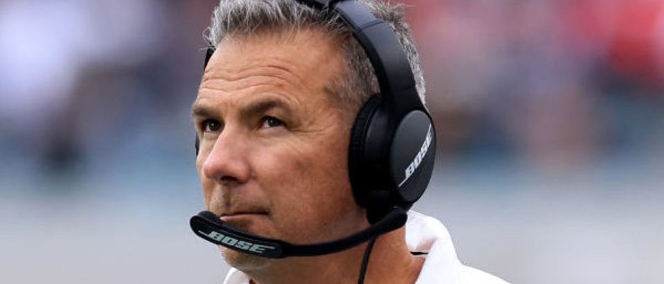 JACKSONVILLE, FLORIDA - NOVEMBER 28: Head coach Urban Meyer of the Jacksonville Jaguars looks on from the sidelines during the game against the Atlanta Falcons at TIAA Bank Field on November 28, 2021 in Jacksonville, Florida. (Photo by Sam Greenwood/Getty Images)