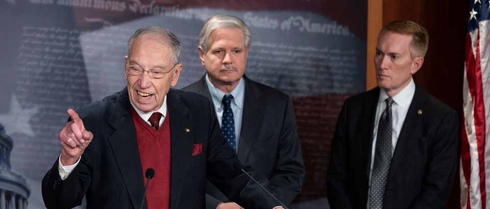 WASHINGTON, DC - DECEMBER 7: (L-R) Sen. Chuck Grassley (R-IA), Sen. John Hoeven (R-ND) and Sen. James Lankford (R-OK) discuss the Build Back Better Act that Democrats are trying to pass in the Senate during a news conference at the U.S. Capitol December 7, 2021 in Washington, DC. In a letter to his Senate Democrat colleagues on Monday, Senate Majority Leader Chuck Schumer said he hopes to pass the Build Back Better legislation by Christmas. (Photo by Drew Angerer/Getty Images)