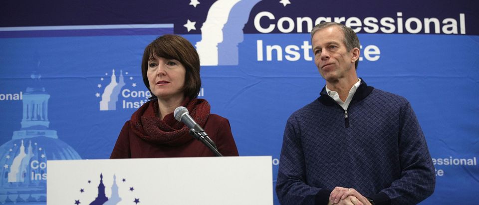 WHITE SULPHUR SPRINGS, WV - FEBRUARY 01: U.S. Senate Republican Conference Chairman Sen. John Thune (R-SD) (R) and House Republican Conference Chair Rep. Cathy McMorris Rodgers (R-WA) (L) hold a news briefing during the 2018 House &amp; Senate Republican Member Conference February 1, 2018 at the Greenbrier resort in White Sulphur Springs, West Virginia. Congressional Republicans gather at their annual retreat, hosted by the Congressional Institute, to discuss legislative agenda for the year. (Photo by Alex Wong/Getty Images)