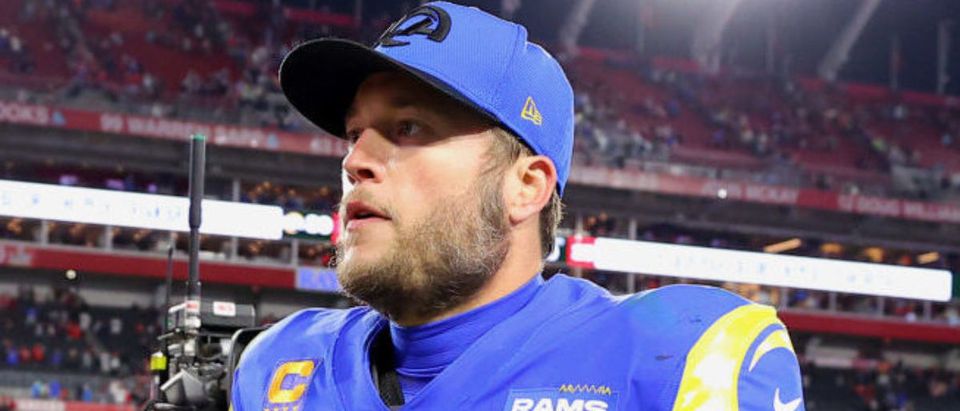 TAMPA, FLORIDA - JANUARY 23: Matthew Stafford #9 of the Los Angeles Rams reacts after defeating the Tampa Bay Buccaneers 30-27 in the NFC Divisional Playoff game at Raymond James Stadium on January 23, 2022 in Tampa, Florida. (Photo by Kevin C. Cox/Getty Images)
