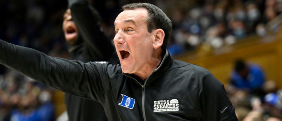DURHAM, NORTH CAROLINA - JANUARY 25: Head coach Mike Krzyzewski of the Duke Blue Devils reacts during the first half of their game against the Clemson Tigers at Cameron Indoor Stadium on January 25, 2022 in Durham, North Carolina. (Photo by Grant Halverson/Getty Images)