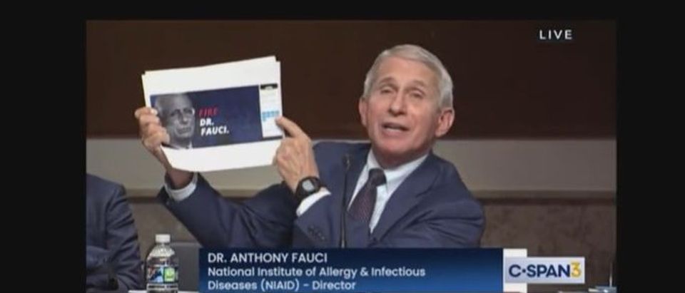 Dr. Anthony Fauci holds up an alleged screenshot from Sen. Rand Paul's website [Twitter Screenshot Aaron Rupar]