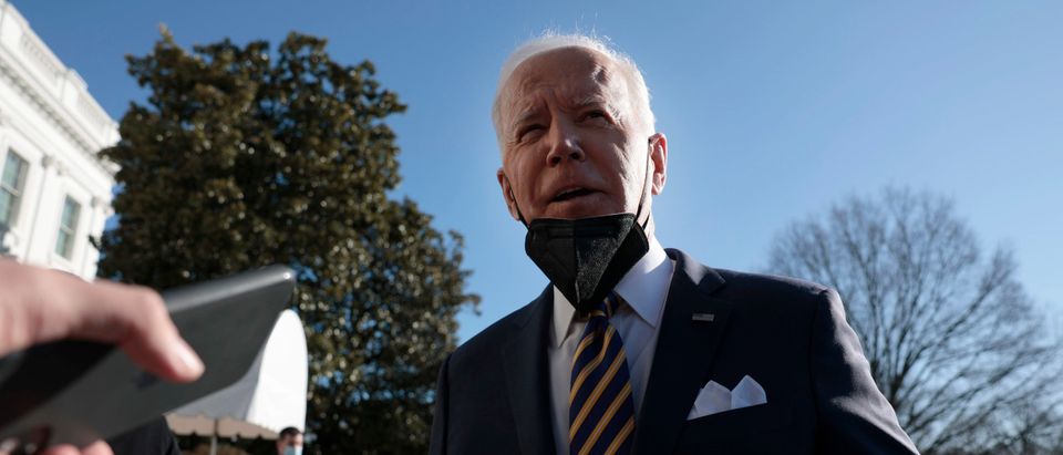 WASHINGTON, DC - JANUARY 11: U.S. President Joe Biden speaks to reporters before boarding Marine One on the South Lawn of the White House on January 11, 2022 in Washington, DC. (Photo by Anna Moneymaker/Getty Images)