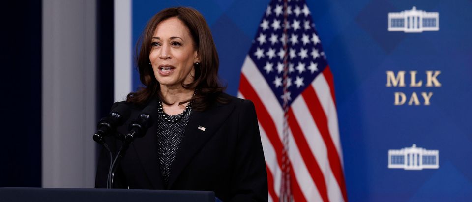 WASHINGTON, DC - JANUARY 17: U.S. Vice President Kamala Harris delivers remarks on Martin Luther King Jr. Day from the South Court Auditorium in the Eisenhower Executive Office Building on January 17, 2022 in Washington, DC. Due to the ongoing coronavirus pandemic, Harris' remarks were live-streamed to the invitation-only Martin Luther King, Jr. Beloved Community Service happening at Ebenezer Baptist Church in Atlanta on what would have been the civil rights leader's 93rd birthday. (Photo by Chip Somodevilla/Getty Images)