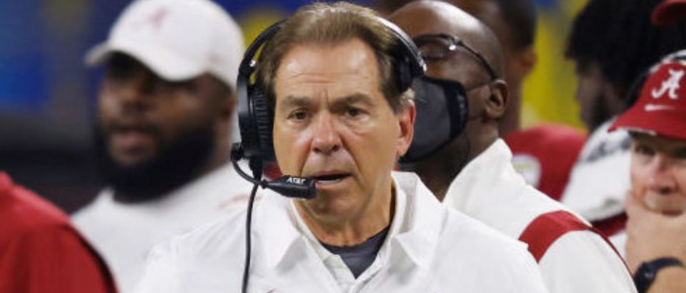 ARLINGTON, TEXAS - DECEMBER 31: Head coach Nick Saban of the Alabama Crimson Tide looks on against the Cincinnati Bearcats during the second half in the Goodyear Cotton Bowl Classic for the College Football Playoff semifinal game at AT&amp;T Stadium on December 31, 2021 in Arlington, Texas. (Photo by Ron Jenkins/Getty Images)