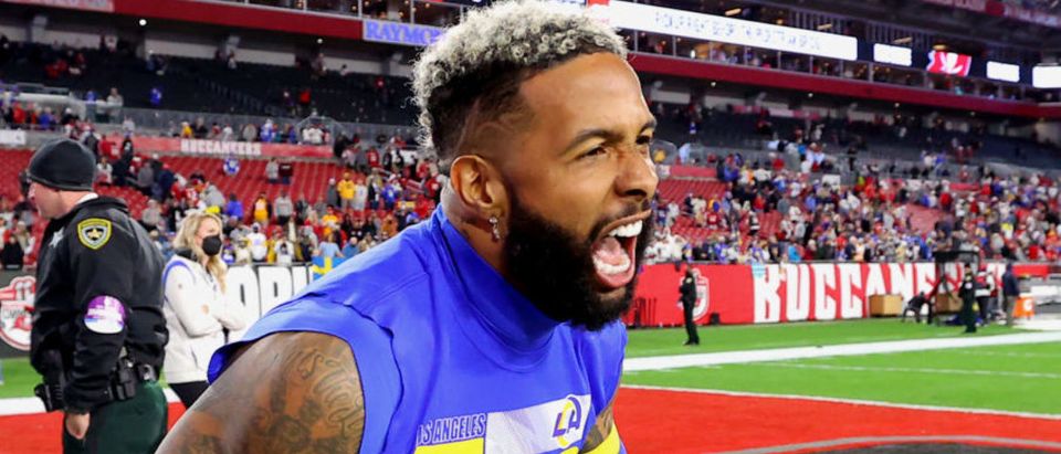 TAMPA, FLORIDA - JANUARY 23: Odell Beckham Jr. #3 of the Los Angeles Rams reacts after defeating the Tampa Bay Buccaneers 30-27 in the NFC Divisional Playoff game at Raymond James Stadium on January 23, 2022 in Tampa, Florida. (Photo by Kevin C. Cox/Getty Images)