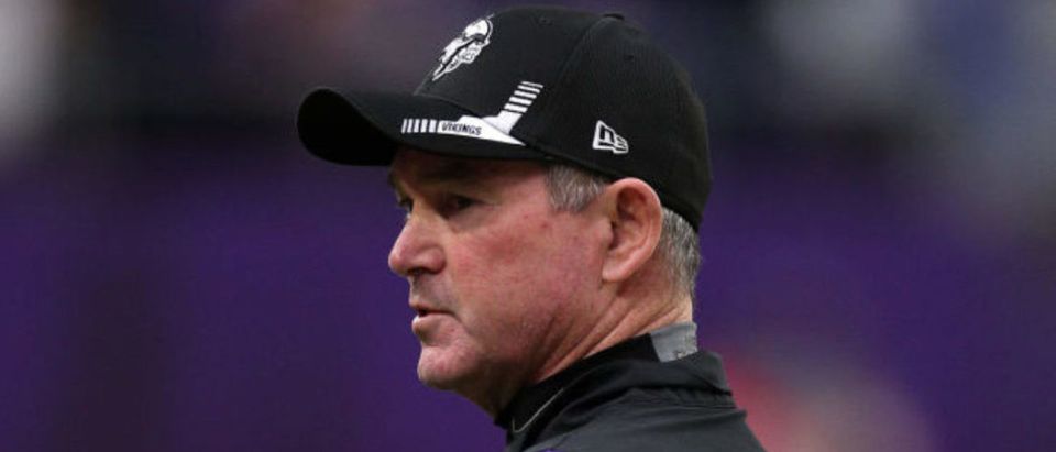 MINNEAPOLIS, MINNESOTA - DECEMBER 26: Head coach Mike Zimmer of the Minnesota Vikings looks on during warm-up before the game against the Los Angeles Rams at U.S. Bank Stadium on December 26, 2021 in Minneapolis, Minnesota. (Photo by David Berding/Getty Images)