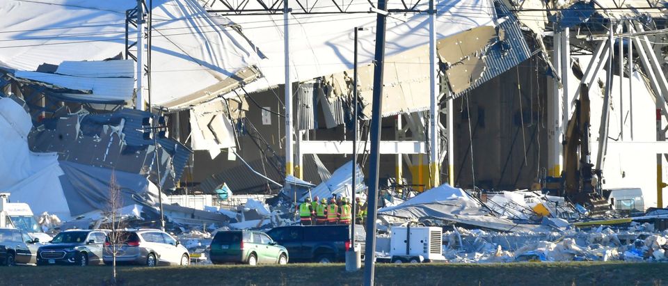 Recovery operations continue after the partial collapse of an Amazon Fulfillment Center in Edwardsville, Illinois on December 12, 2021. - The facility was damaged by a tornado on December 10, 2021. The confirmed number of fatalities has been raised from two to six people. (Photo by Tim Vizer / AFP) (Photo by TIM VIZER/AFP via Getty Images)