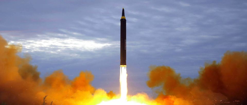 TOPSHOT - This picture from North Korea's official Korean Central News Agency (KCNA) taken on August 29, 2017 and released on August 30, 2017 shows North Korea's intermediate-range strategic ballistic rocket Hwasong-12 lifting off from the launching pad at an undisclosed location near Pyongyang. Nuclear-armed North Korea said on August 30 that it had fired a missile over Japan the previous day, the first time it has ever acknowledged doing so. / AFP PHOTO / KCNA VIA KNS / STR / South Korea (Photo: STR/AFP via Getty Images)